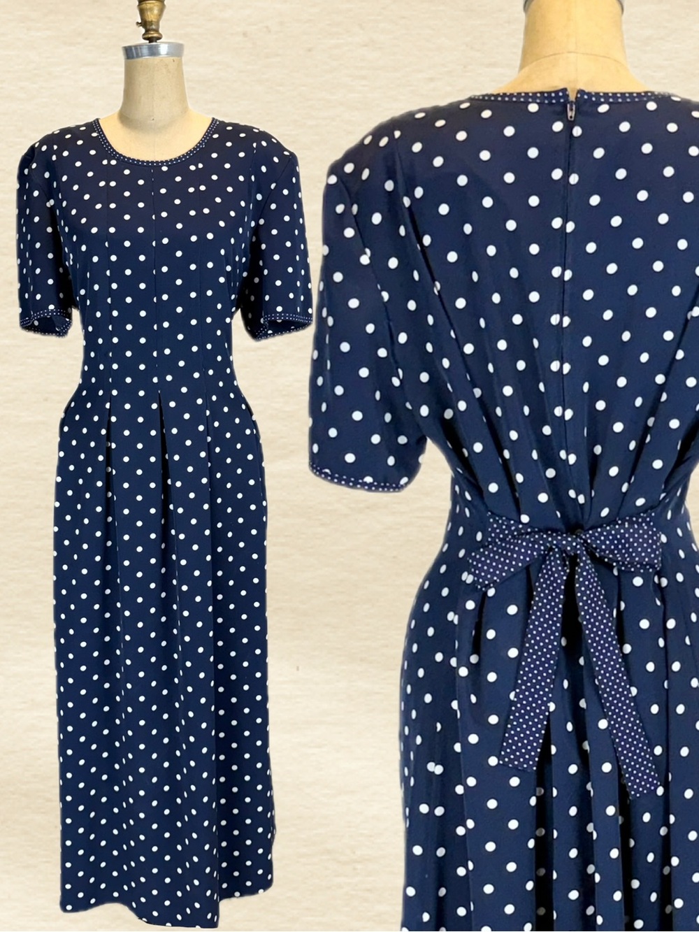 VINTAGE 90s navy blue polka dot dress long maxi short sleeve tie back waist